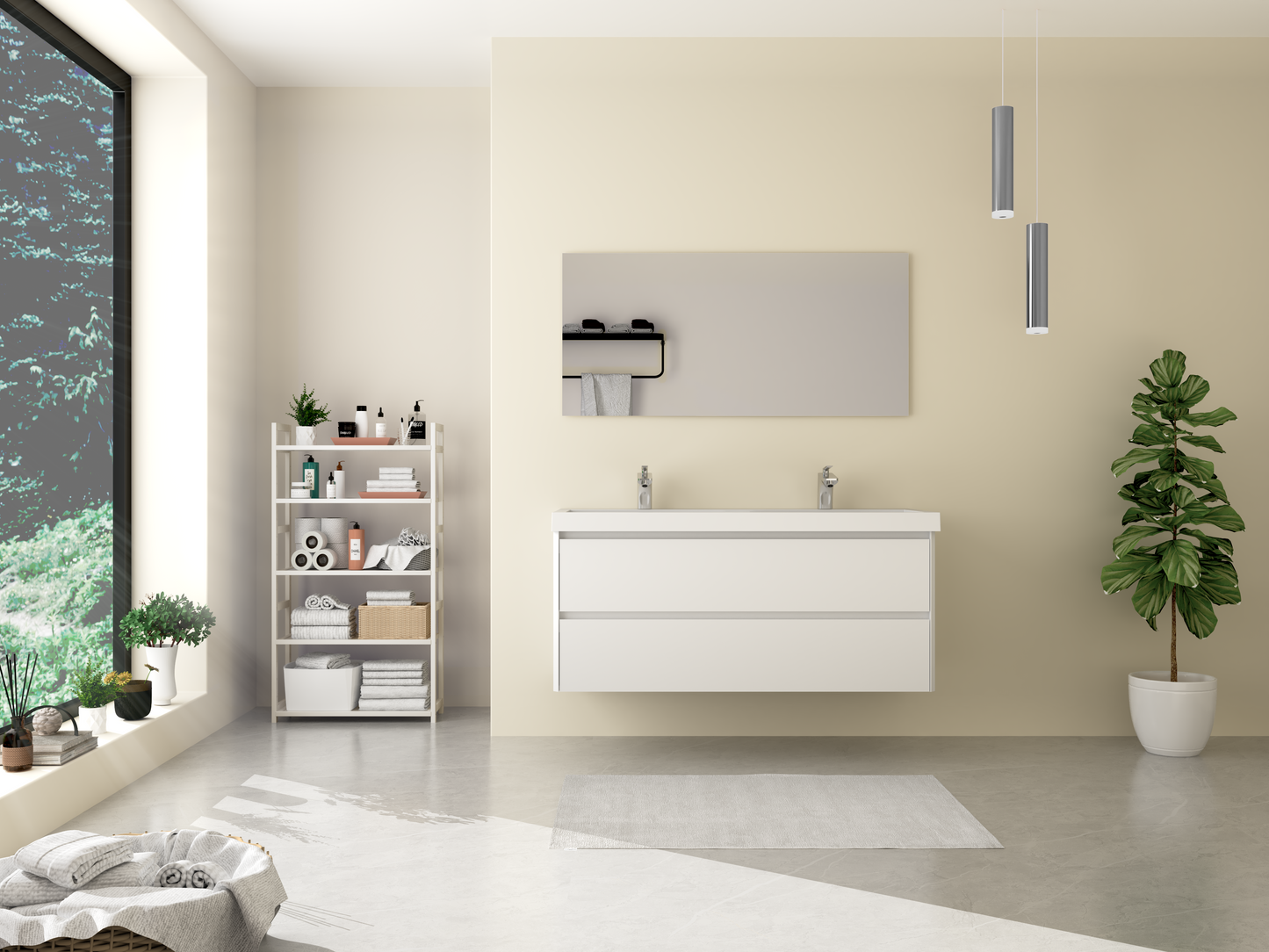 Meuble de salle de bain LUGIS 1200mm avec double vasque en blanc et meuble sous vasque en blanc brillant