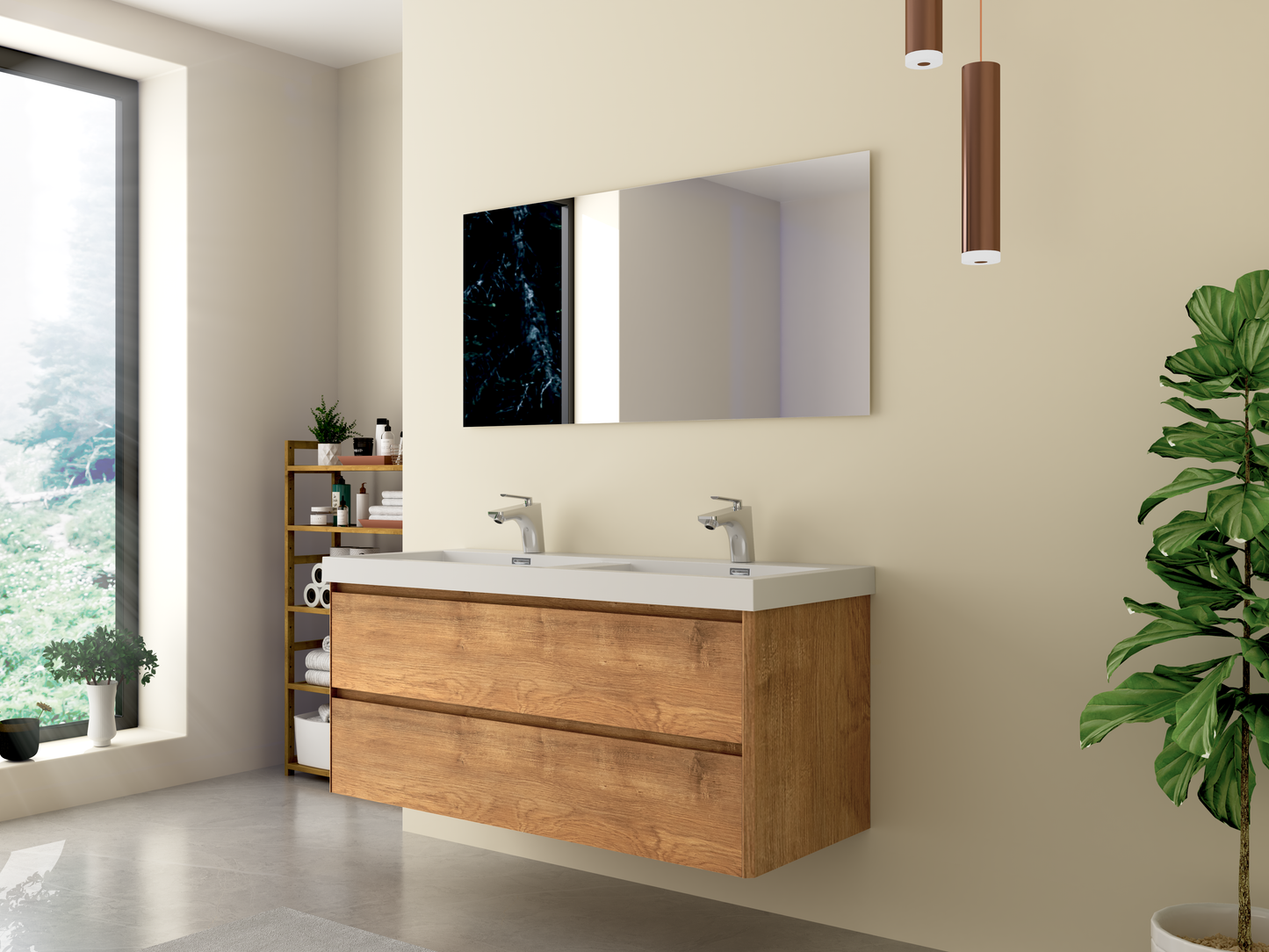 Meuble de salle de bain LUGIS 1200mm avec vasque en blanc et meuble sous vasque aspect chêne