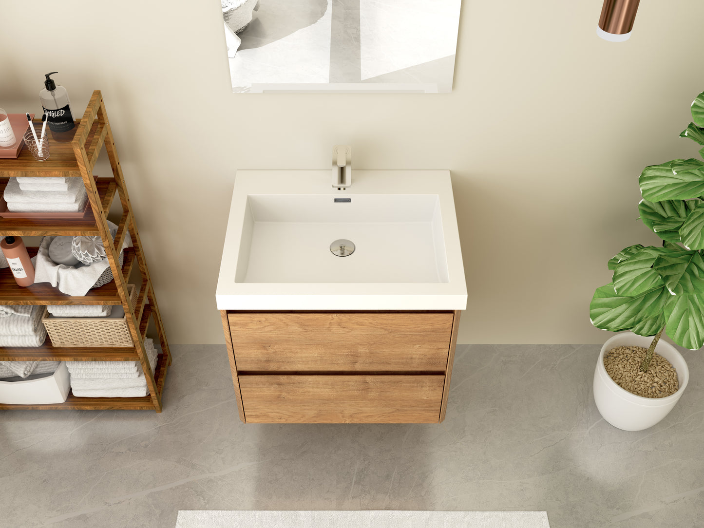Meuble de salle de bain LUGIS 600mm avec vasque en blanc et meuble sous vasque aspect chêne