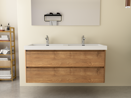 Meuble de salle de bain LUGIS 1200mm avec vasque en blanc et meuble sous vasque aspect chêne